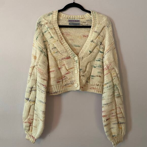 Kimchi Blue Sweaters - Kimchi Blue Cream Colorful Knit Cardigan Sweater Cropped Chunky Grannycore Small